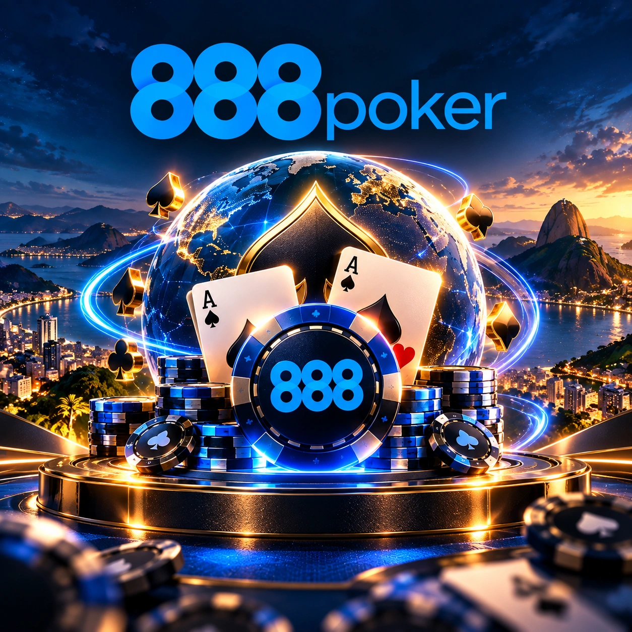 888poker no Brasil - identidade da marca com fichas, cartas, símbolo de espadas e cenário global de poker.