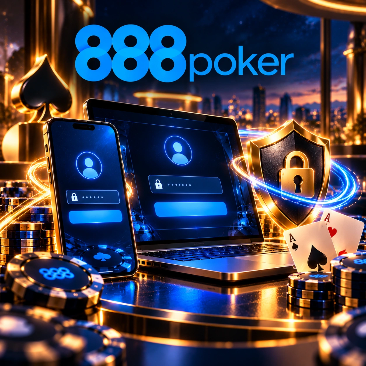 888poker no Brasil - login seguro em smartphone e notebook com escudo, cadeado e proteção da conta.