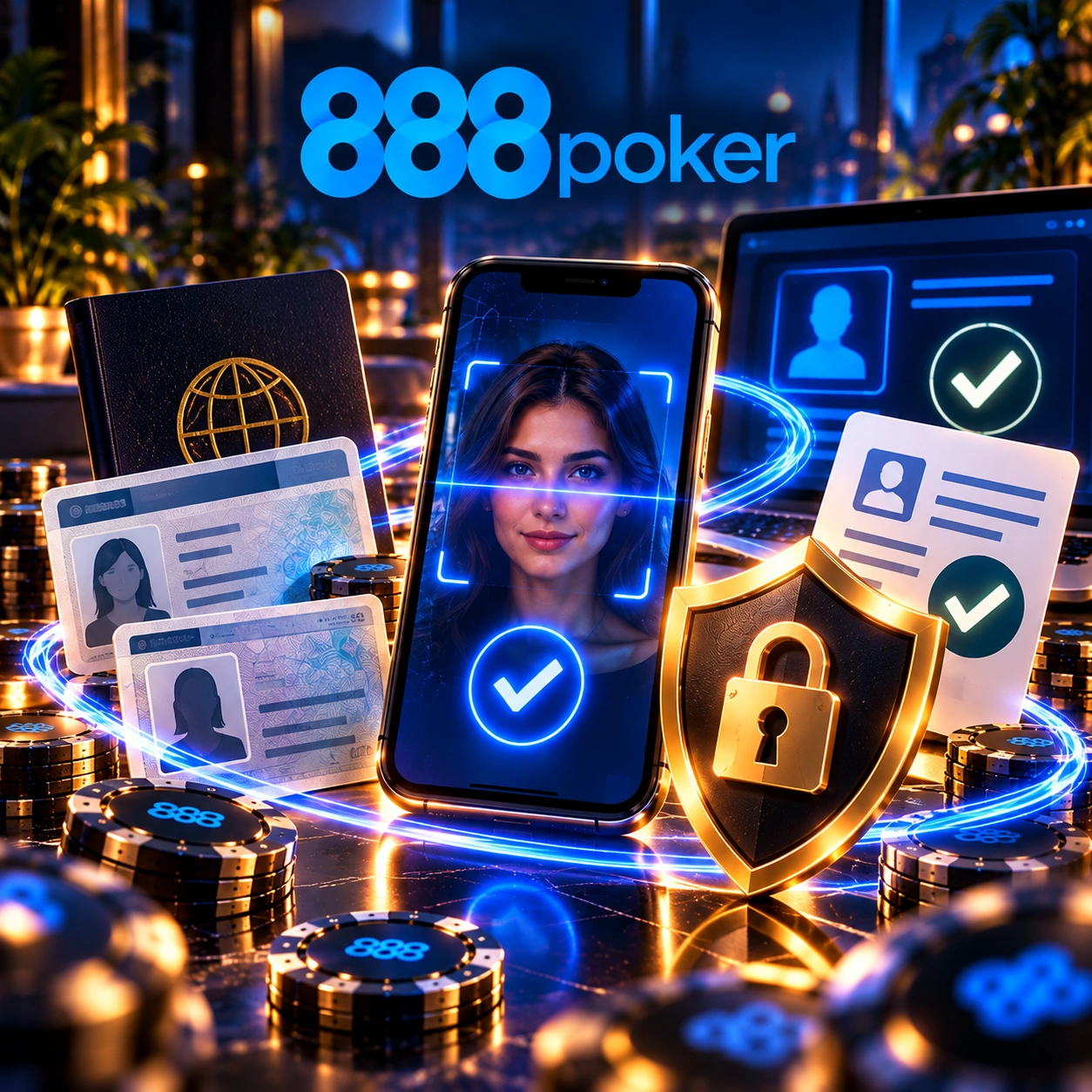 888poker no Brasil - verificação de identidade com reconhecimento facial, documentos, escudo de segurança e confirmação da conta.