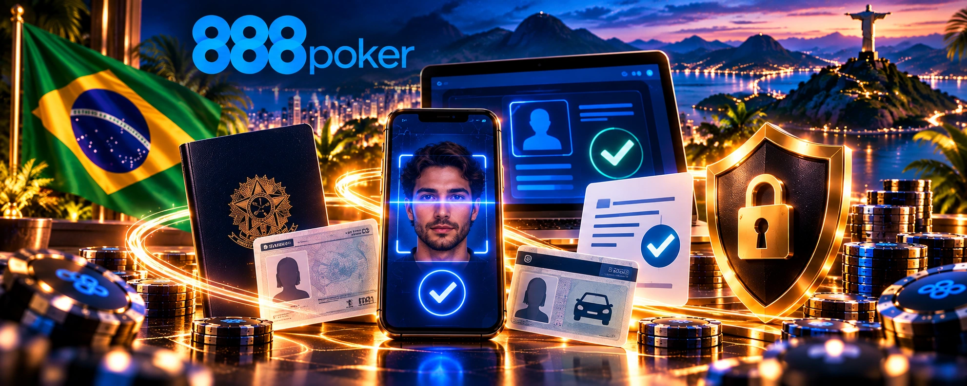 888poker no Brasil - processo de verificação KYC com documento de identidade, selfie, proteção por escudo e confirmação segura.